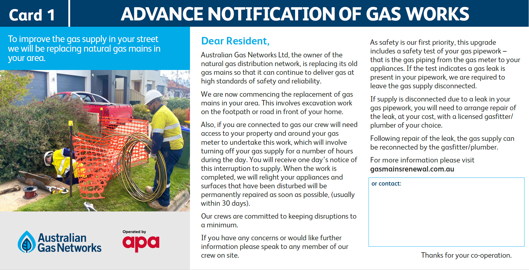 Advanced notification of gas works card no.1