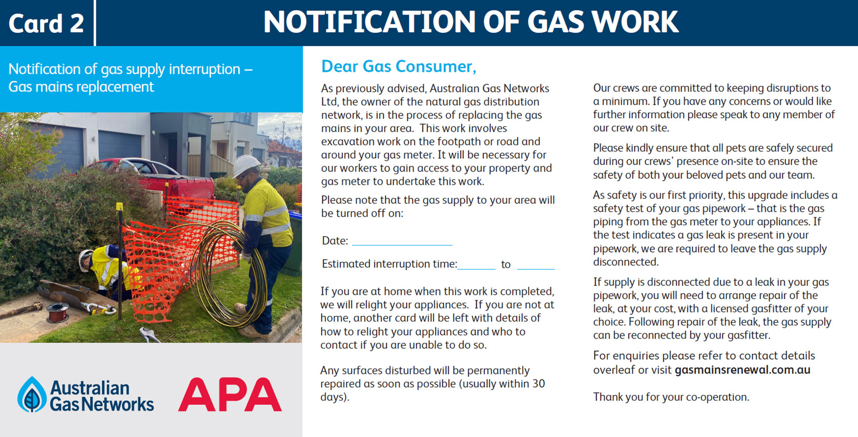Advanced notification of gas works card no.1