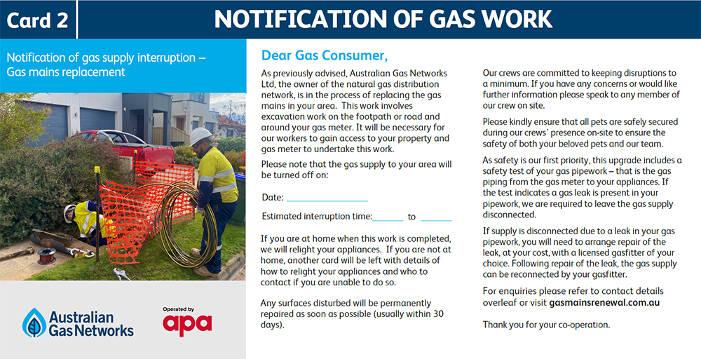 Advanced notification of gas works card no.1
