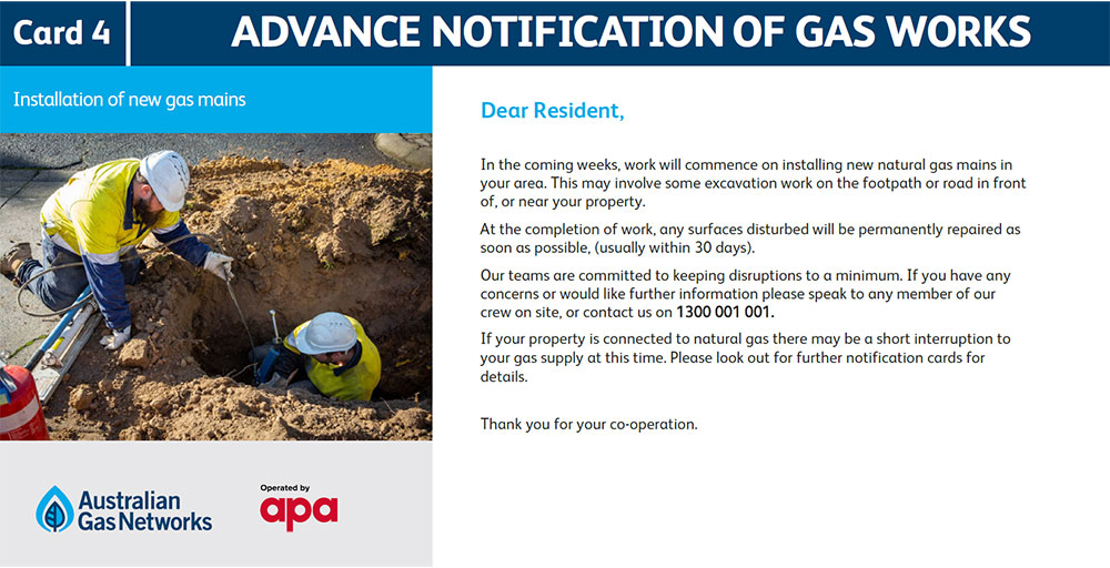 Advanced notification of gas works card no.4