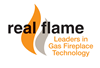 Real Flame logo promoting leaders in gas fireplace technology.