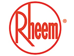Rheem logo featuring a red circular emblem and stylised text, representing water heating solutions.
